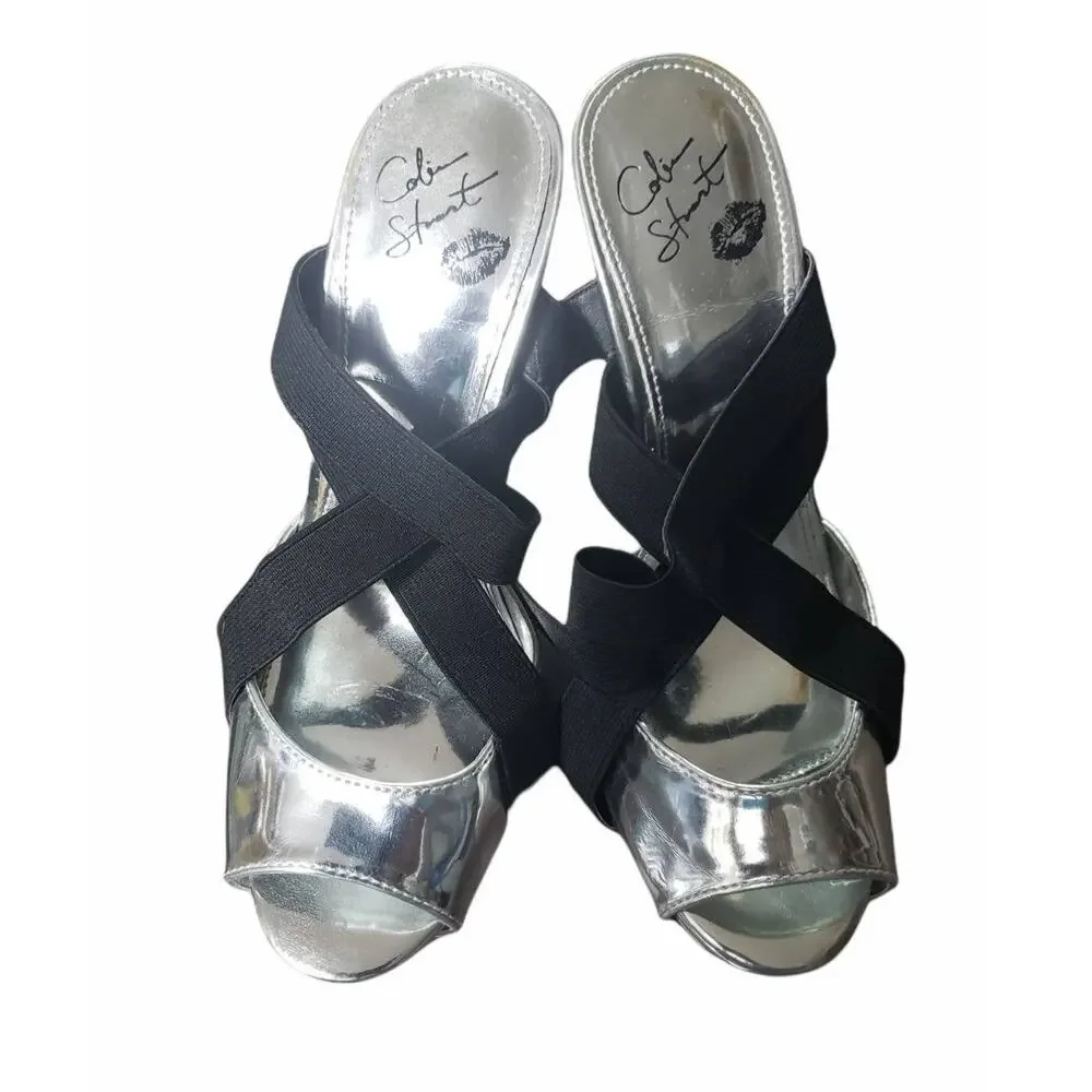Colin Stuart VS Silver Elastic Strap 5'' Stiletto High Heels - Size 7
